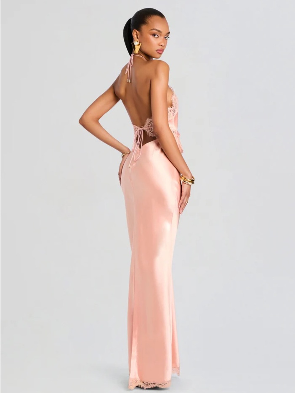 RETROFETE EVERLY DRESS
 Silky Lace Trim Halter Gown in Blush Color Peche - Picture 5 of 5